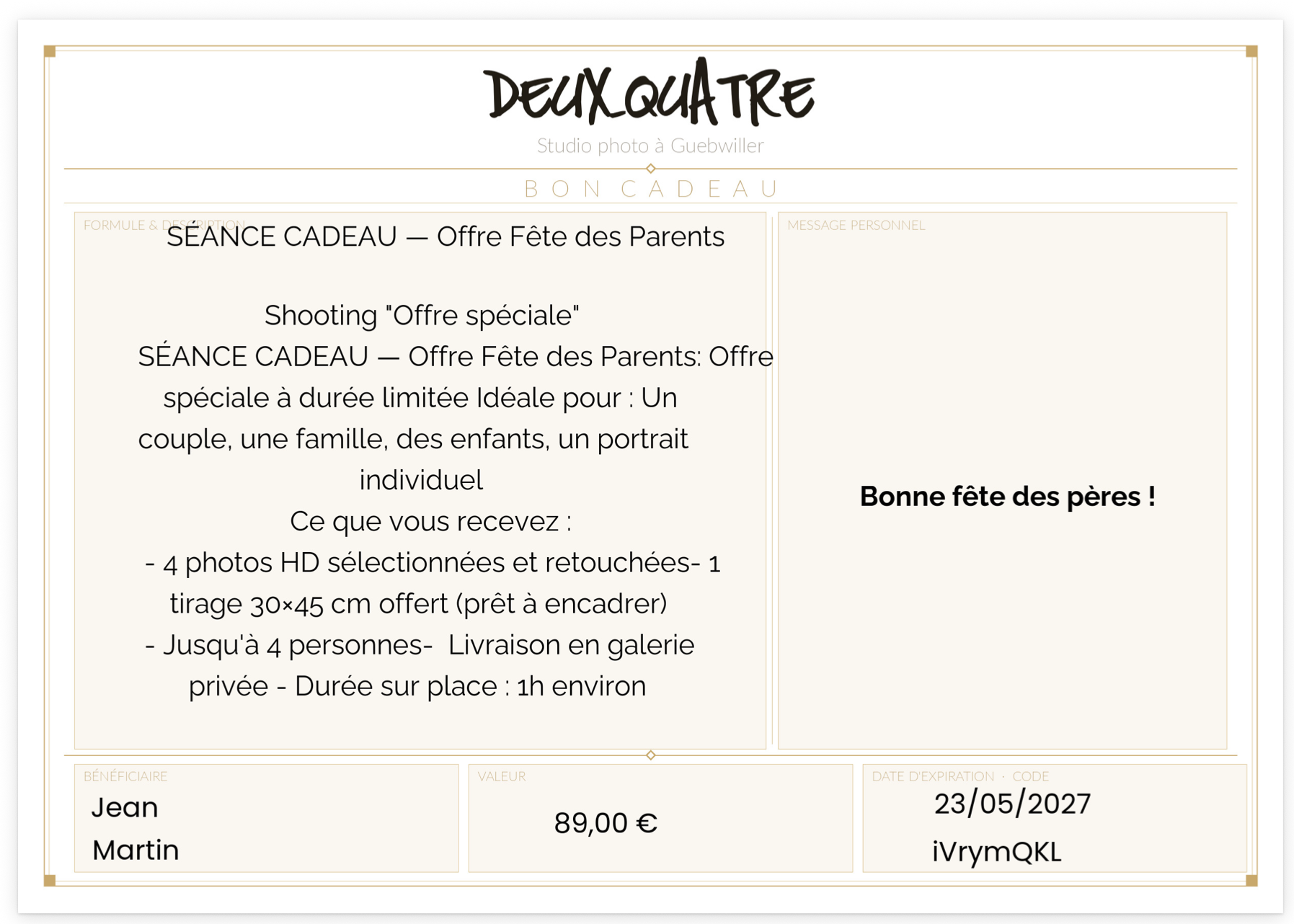 Exemple de bon cadeau photo numérique Studio Deux-Quatre — reçu par email, à imprimer chez soi